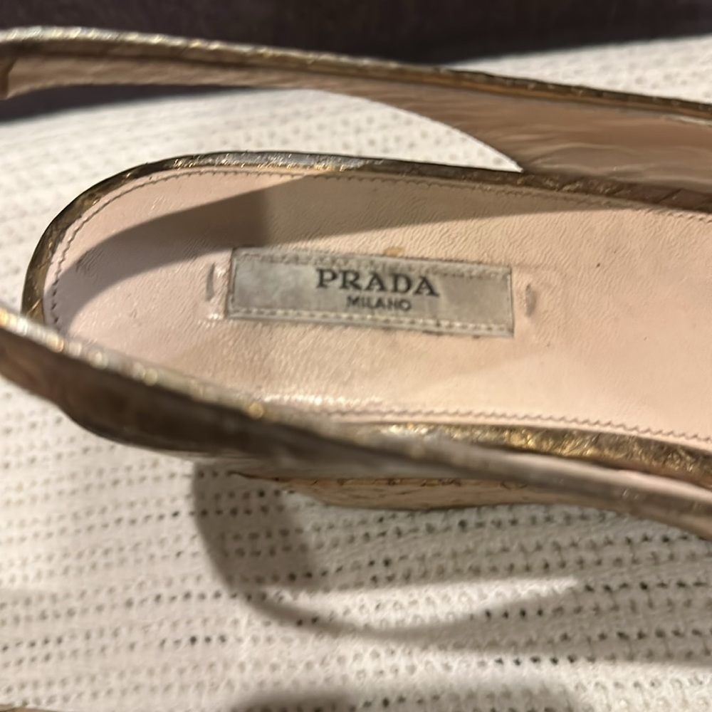 [PRADA] Gold Slingback Wedge Sandals - Picture 2 of 13